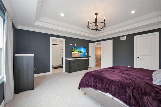 6704 Whisper Glen Dr, Plainfield, IL 60586 - bedroom with a raised ceiling, a chandelier, light colored carpet, crown molding, and recessed lighting