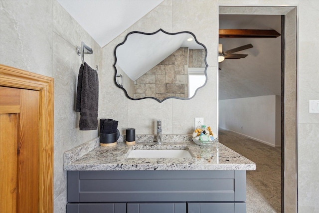 404 Vale Ave N, Rockford, IL 61107 - bathroom with vanity, lofted ceiling, and a ceiling fan