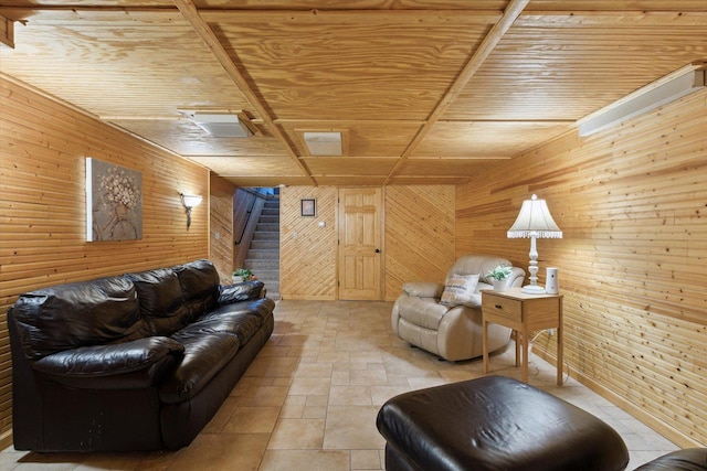 404 Vale Ave N, Rockford, IL 61107 - living area featuring wooden ceiling, wooden walls, and stairs