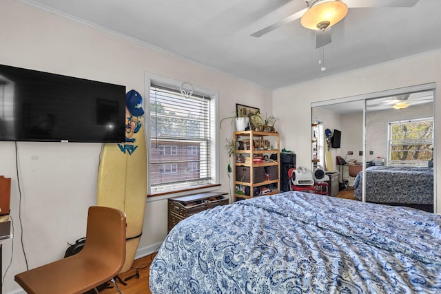 530 Michigan Ave Unit 3E, Evanston, IL 60202 - bedroom with multiple windows, crown molding, wood finished floors, a closet, and a ceiling fan
