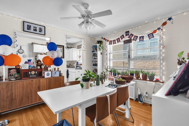530 Michigan Ave Unit 3E, Evanston, IL 60202 - dining room featuring radiator heating unit, light wood-type flooring, and ceiling fan