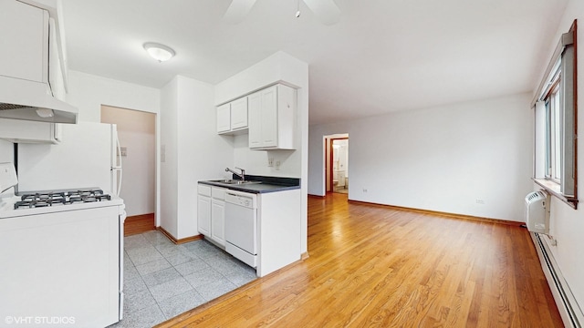6316 N Paulina St Unit 3D, Chicago, IL 60660 - kitchen featuring white appliances, white cabinetry, a sink, ceiling fan, and baseboards