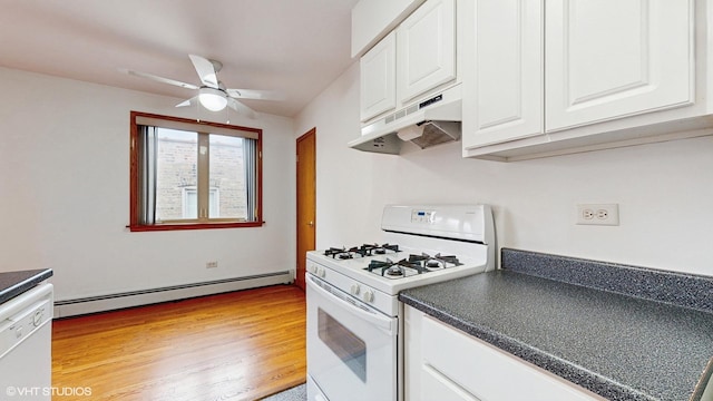 6316 N Paulina St Unit 3D, Chicago, IL 60660 - kitchen featuring white appliances, under cabinet range hood, baseboard heating, ceiling fan, and white cabinets