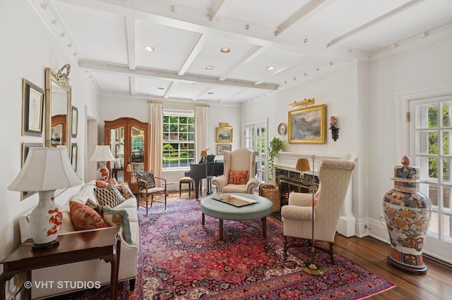 539 N E Ave, Oak Park, IL 60302 - living room with coffered ceiling, healthy amount of natural light, wood finished floors, beamed ceiling, and recessed lighting