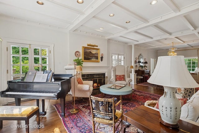 539 N E Ave, Oak Park, IL 60302 - living area featuring coffered ceiling, wood finished floors, recessed lighting, beam ceiling, and a high end fireplace