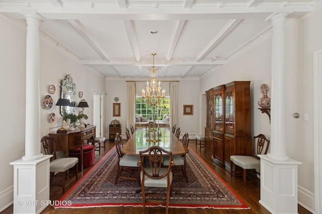 539 N E Ave, Oak Park, IL 60302 - dining room featuring wood finished floors, coffered ceiling, a chandelier, beamed ceiling, and ornate columns