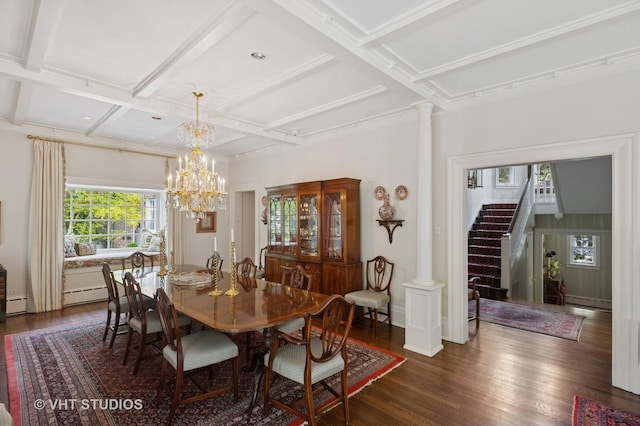 539 N E Ave, Oak Park, IL 60302 - dining space with dark wood-style flooring, stairs, a baseboard radiator, a chandelier, and beam ceiling