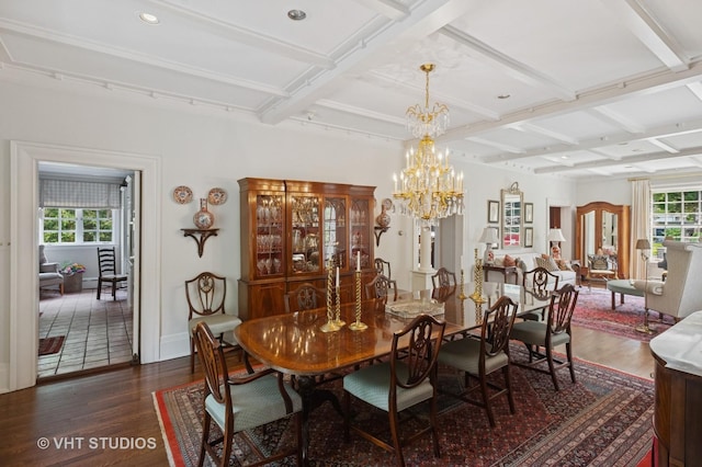 539 N E Ave, Oak Park, IL 60302 - dining room featuring wood finished floors, beamed ceiling, coffered ceiling, a chandelier, and recessed lighting