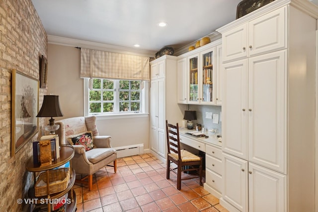 539 N E Ave, Oak Park, IL 60302 - home office with built in study area, crown molding, baseboard heating, and light tile patterned flooring