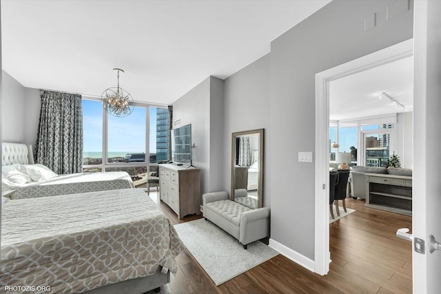 1201 S Prairie Ave Unit 1505, Chicago, IL 60605 - bedroom with rail lighting, floor to ceiling windows, wood finished floors, a chandelier, and baseboards