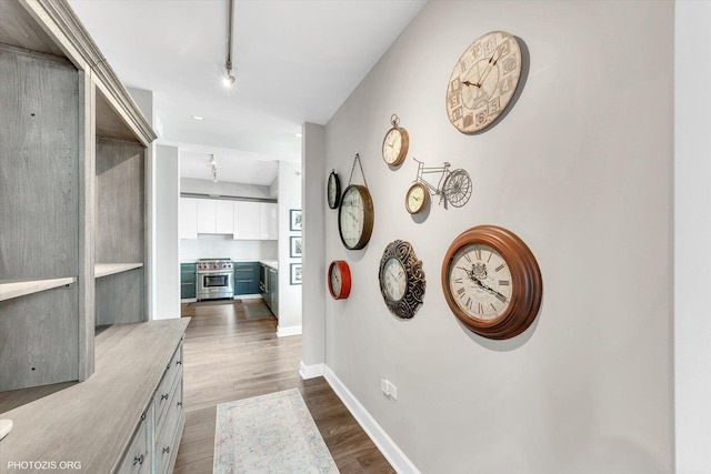1201 S Prairie Ave Unit 1505, Chicago, IL 60605 - hallway featuring track lighting, dark wood-style floors, and baseboards