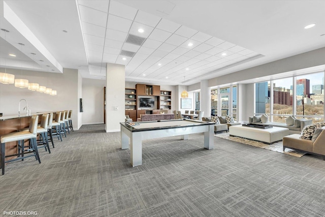 1201 S Prairie Ave Unit 1505, Chicago, IL 60605 - playroom featuring carpet floors, billiards, a paneled ceiling, built in shelves, and recessed lighting