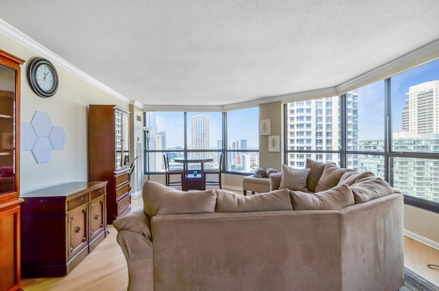 405 N Wabash Ave Unit 3403, Chicago, IL 60611 - living room featuring a skyline view, ornamental molding, light wood-style flooring, and a textured ceiling