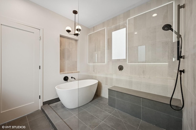 222 S Oakley Blvd Unit 3, Chicago, IL 60612 - bathroom with a tile shower, a freestanding bath, and tile patterned flooring