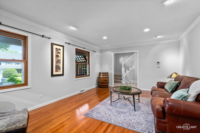 6382 Twin Oaks Ln, Lisle, IL 60532 - living room featuring wood finished floors, stairs, ornamental molding, and recessed lighting