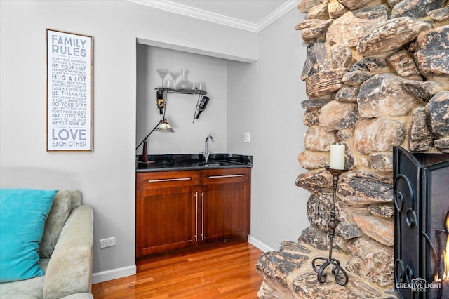 6382 Twin Oaks Ln, Lisle, IL 60532 - indoor wet bar featuring ornamental molding and light wood finished floors