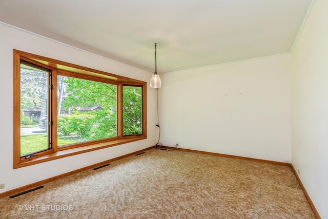 carpeted spare room featuring baseboards and crown molding