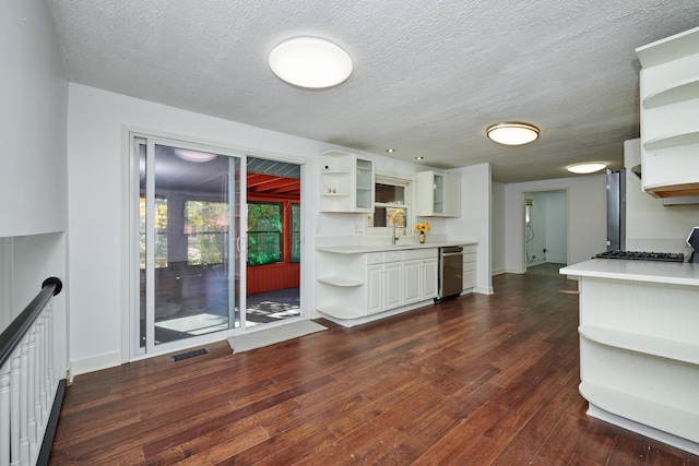 1613 Hartmann Dr, Schaumburg, IL 60193 - kitchen featuring open shelves, white cabinets, a textured ceiling, light countertops, and dark wood-type flooring