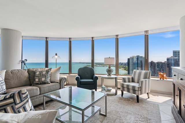 505 N Lake Shore Dr Unit 4807, Chicago, IL 60611 - living room with a water view, light tile patterned floors, and a view of city