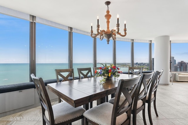 505 N Lake Shore Dr Unit 4807, Chicago, IL 60611 - dining room with a chandelier, a water view, and expansive windows