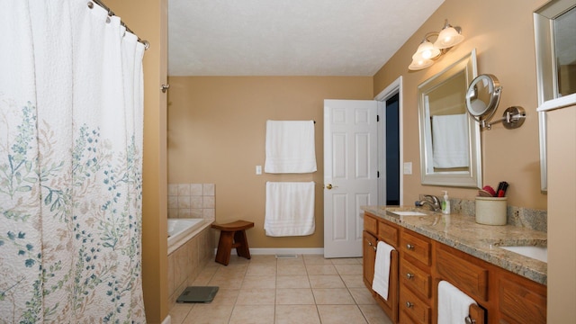 302 Gambel Ct, Normal, IL 61761 - full bath featuring double vanity, tile patterned flooring, a bath, baseboards, and curtained shower