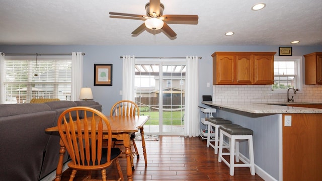 302 Gambel Ct, Normal, IL 61761 - dining room with a ceiling fan, dark wood-style flooring, recessed lighting, and a textured ceiling