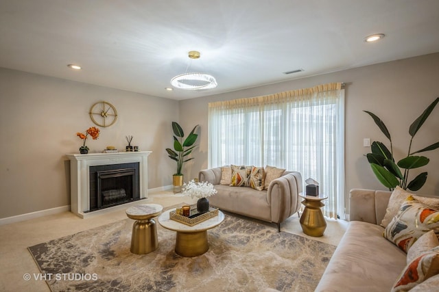 1109 Danvers Ct, Schaumburg, IL 60193 - carpeted living room featuring a fireplace, baseboards, and recessed lighting