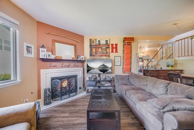 1163 Whispering Hills Dr, Naperville, IL 60540 - living area with wood finished floors, stairway, and a tiled fireplace