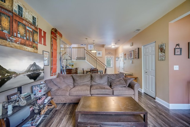 1163 Whispering Hills Dr, Naperville, IL 60540 - living area featuring dark wood-type flooring, stairs, and baseboards