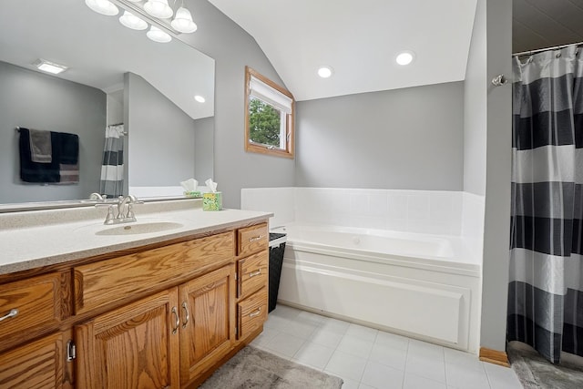16212 Forest Ave, Oak Forest, IL 60452 - bathroom with vaulted ceiling, vanity, a bath, tile patterned flooring, and a shower with shower curtain