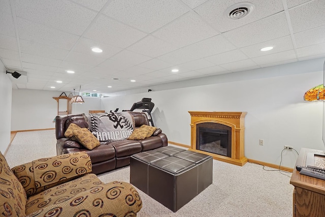 16212 Forest Ave, Oak Forest, IL 60452 - living area with light carpet, baseboards, a glass covered fireplace, a paneled ceiling, and recessed lighting