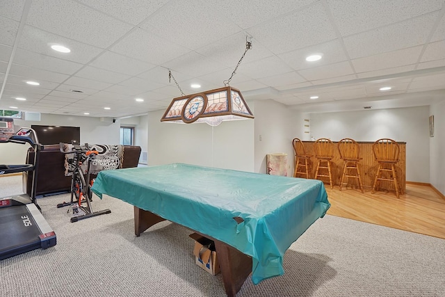 16212 Forest Ave, Oak Forest, IL 60452 - recreation room featuring carpet floors, pool table, a bar, a drop ceiling, and recessed lighting