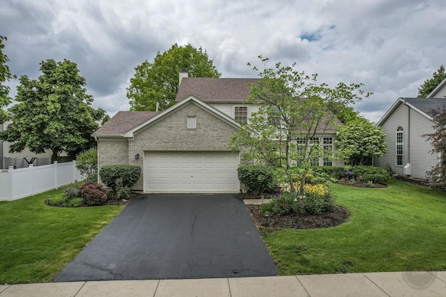 2693 Barrington Dr, Aurora, IL 60503 - view of front of house with asphalt driveway, an attached garage, a chimney, a shingled roof, and brick siding