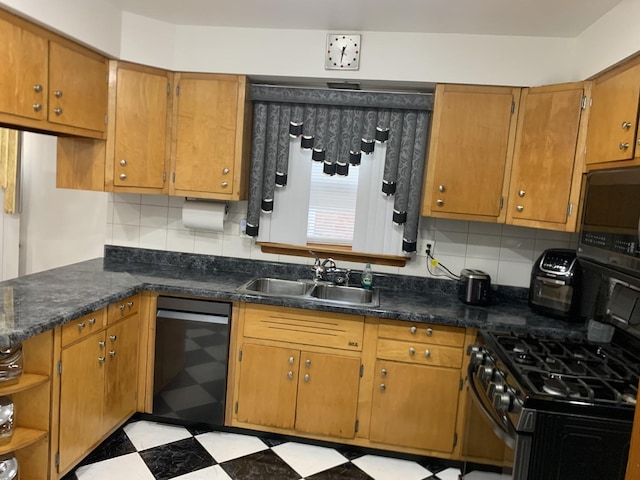 9323 S Normal Ave, Chicago, IL 60620 - kitchen featuring tile patterned floors, a sink, backsplash, and dark countertops