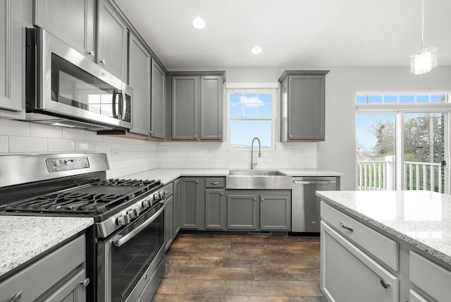 1413 N Charles Ave, Naperville, IL 60563 - kitchen with appliances with stainless steel finishes, gray cabinetry, a sink, dark wood-style flooring, and recessed lighting