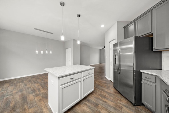 1413 N Charles Ave, Naperville, IL 60563 - kitchen with gray cabinetry, stainless steel fridge with ice dispenser, dark wood-type flooring, a kitchen island, and recessed lighting