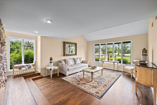 7 Surrey Rd, Lemont, IL 60439 - living area with dark wood-style flooring, vaulted ceiling, baseboards, and recessed lighting