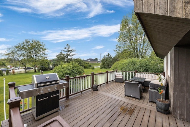 7 Surrey Rd, Lemont, IL 60439 - wooden terrace with an outdoor hangout area, a lawn, and a grill