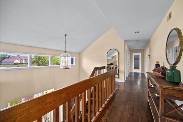 7 Surrey Rd, Lemont, IL 60439 - hallway with an upstairs landing, attic access, wood finished floors, a chandelier, and baseboards