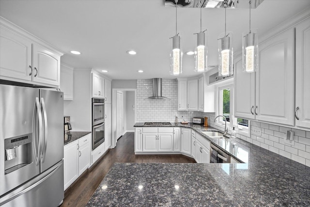 7 Surrey Rd, Lemont, IL 60439 - kitchen featuring appliances with stainless steel finishes, wall chimney range hood, a sink, white cabinets, and recessed lighting