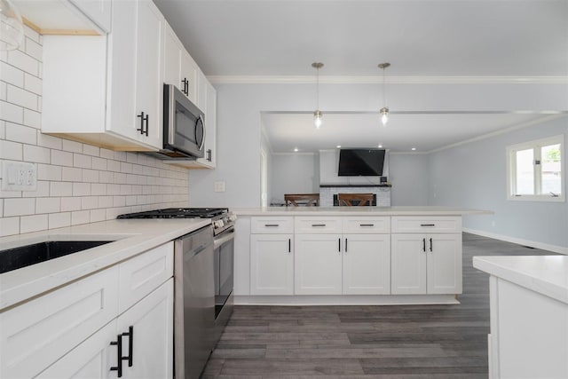 817 N Mohave Dr, Pontiac, IL 61764 - kitchen featuring a peninsula, open floor plan, appliances with stainless steel finishes, dark wood finished floors, and crown molding