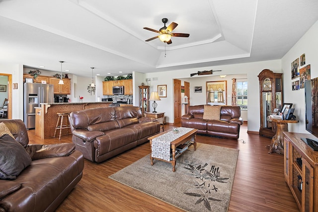 2609 E 1500s Rd, Kankakee, IL 60901 - living room with a raised ceiling, dark wood finished floors, a ceiling fan, recessed lighting, and baseboards