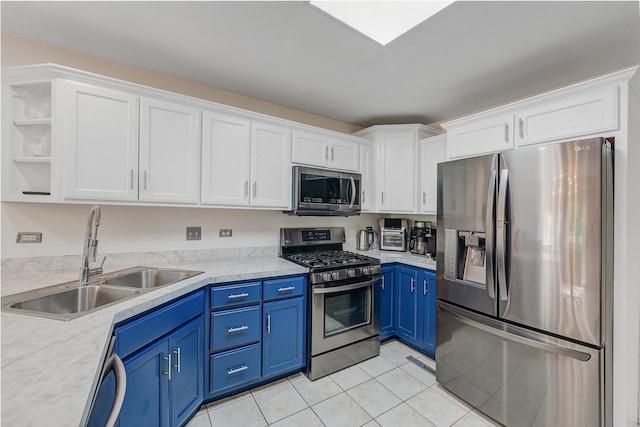 17964 Upland Dr, Tinley Park, IL 60487 - kitchen featuring stainless steel appliances, blue cabinets, a sink, open shelves, and white cabinets