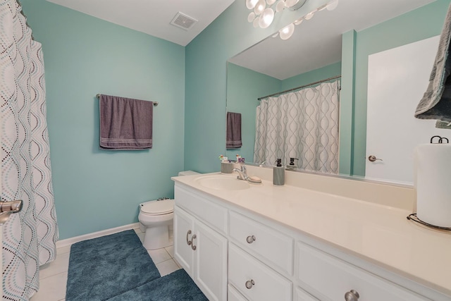 17964 Upland Dr, Tinley Park, IL 60487 - bathroom with vanity, toilet, tile patterned floors, a shower with shower curtain, and baseboards