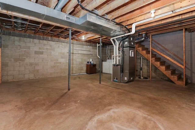 1560 Hunt Dr Unit A, Normal, IL 61761 - unfinished below grade area with washer / dryer, stairs, and heating unit