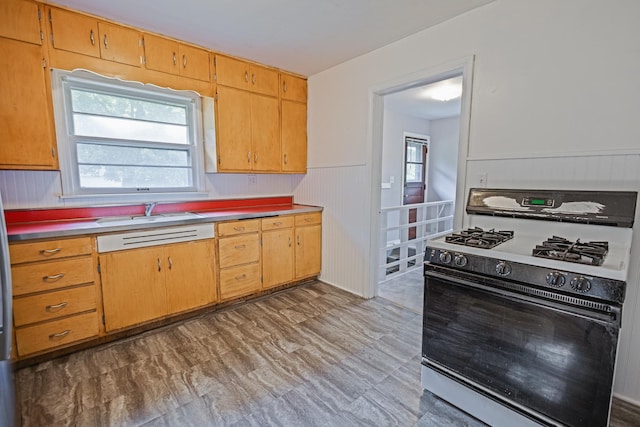 1223 S 3rd St, Saint Charles, IL 60174 - kitchen featuring gas range oven, a sink, wainscoting, light countertops, and tile patterned floors
