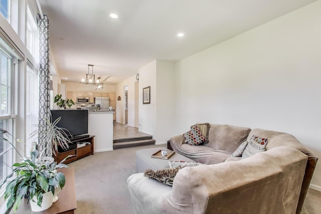 1400 Patrick Dr, Mundelein, IL 60060 - living room with light carpet, a chandelier, baseboards, and recessed lighting