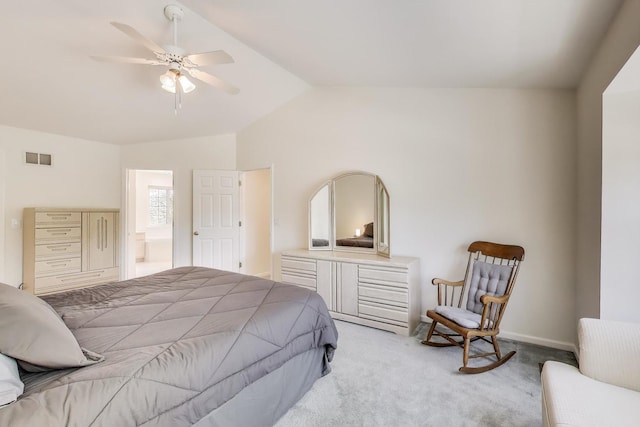 1400 Patrick Dr, Mundelein, IL 60060 - bedroom featuring vaulted ceiling, light colored carpet, ensuite bathroom, ceiling fan, and baseboards
