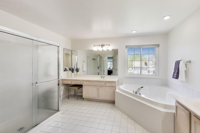 1400 Patrick Dr, Mundelein, IL 60060 - bathroom featuring vanity, a garden tub, a stall shower, tile patterned flooring, and recessed lighting