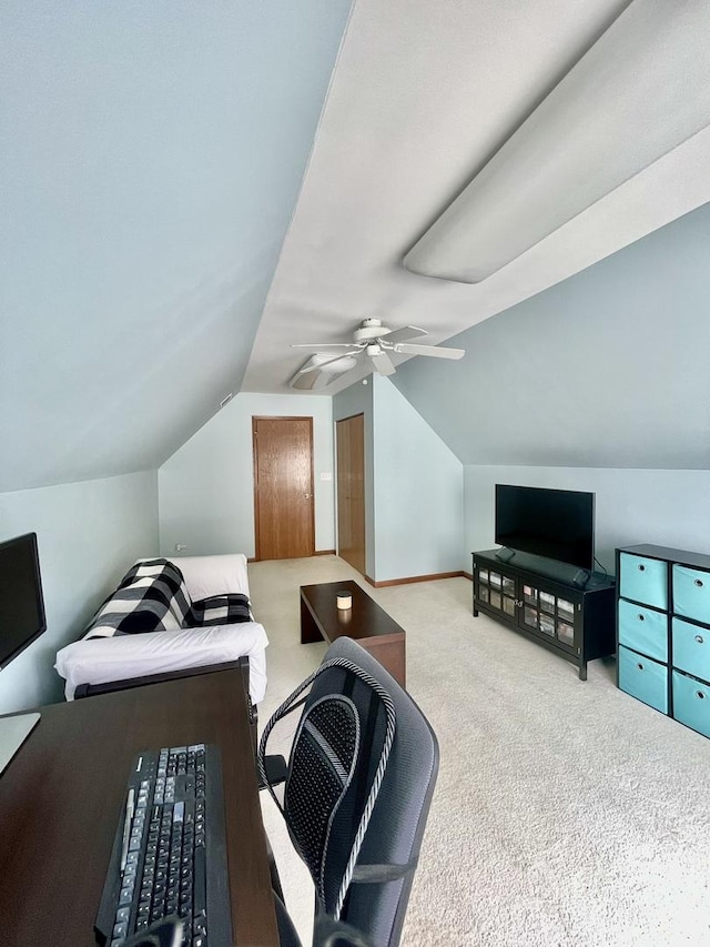 749 S Vintage Ln, Round Lake, IL 60073 - living area with carpet, vaulted ceiling, and ceiling fan